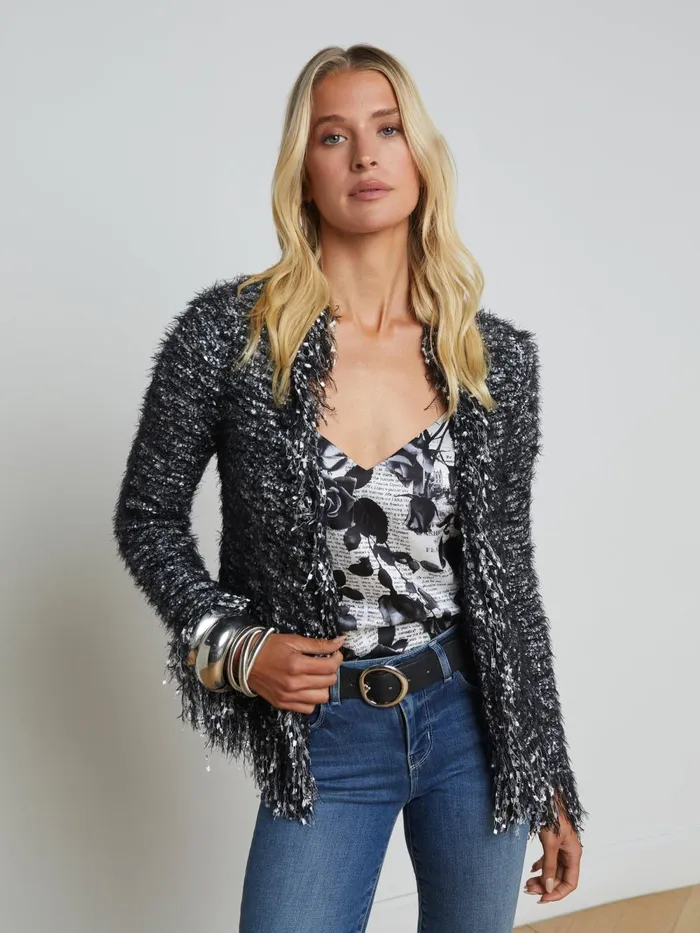L039Agence Knitwear Women Azure Fringe Cardigan Blazer Blacksilver Multi