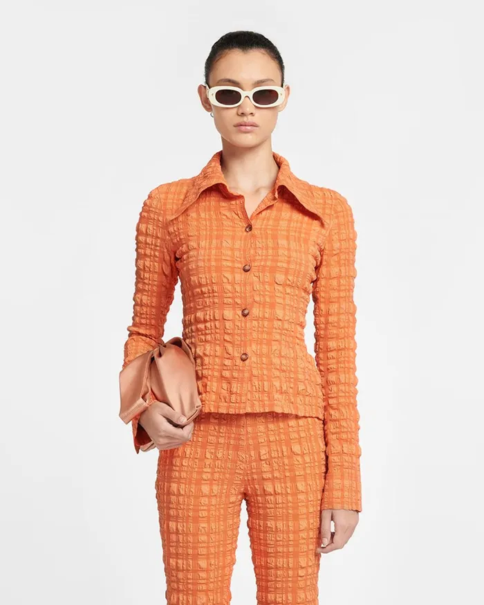 Lotte Checked Seersucker Shirt Sunset Orange Women Nanushka Tops