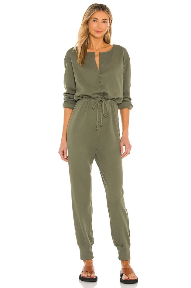 Lovers and Friends Jumpsuits Women Long Sleeve Henley Jumpsuit Army Green