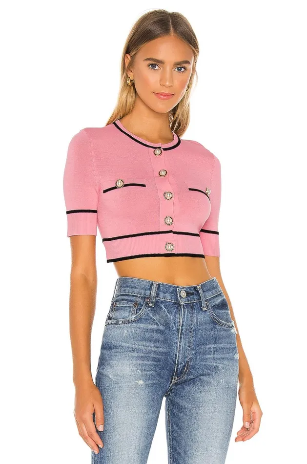 Lovers and Friends Tops Women Pearl Short Sleeve Cardigan Pink and Black