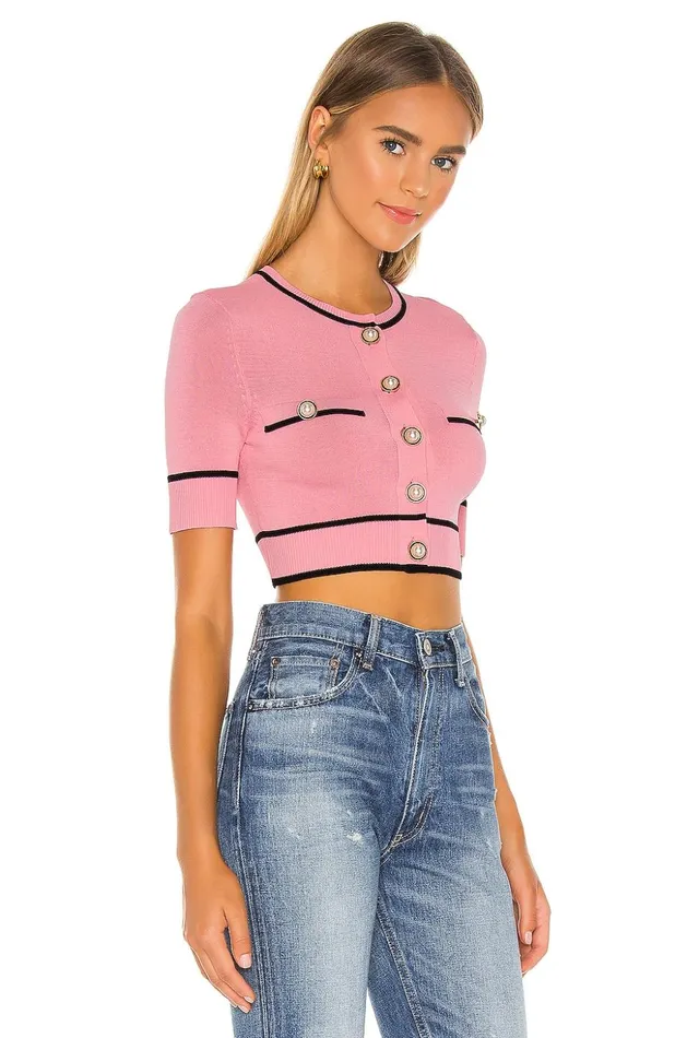 Lovers and Friends Tops Women Pearl Short Sleeve Cardigan Pink and Black Lovers and Friends Tops Women Pearl Short Sleeve Cardigan Pink and Black