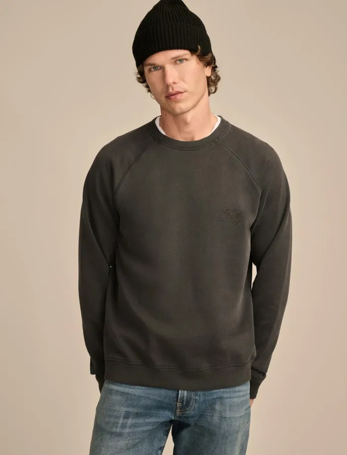 Lucky Brand Activewear Men Fleece Logo Raglan Crew Gray Pinstripe