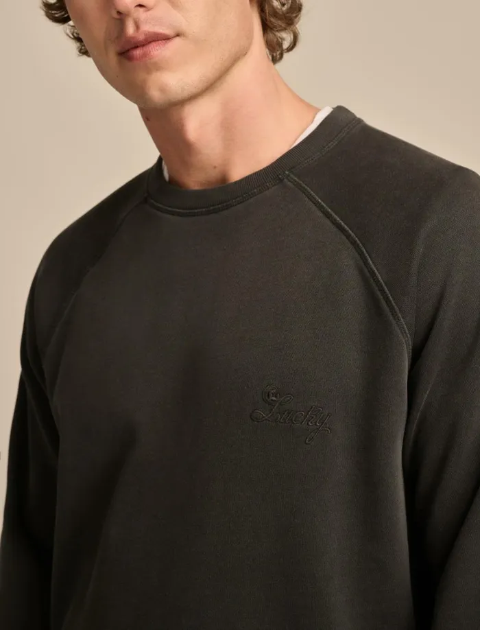 Lucky Brand Activewear Men Fleece Logo Raglan Crew Gray Pinstripe