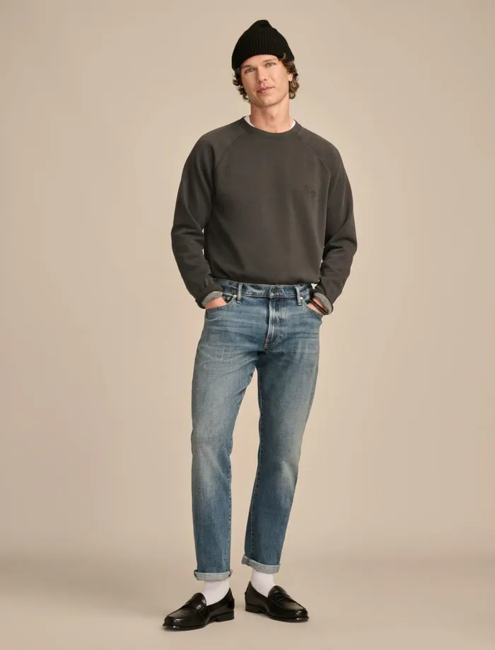 Lucky Brand Activewear Men Fleece Logo Raglan Crew Gray Pinstripe
