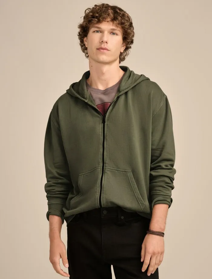 Lucky Brand Activewear Men Relaxed Fleece Zip Hoodie Forest Night