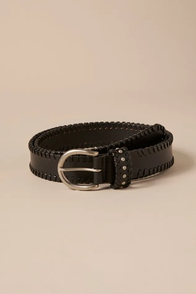 Lucky Brand Belts Women Laced Leather Belt With Metal Studded Keeper Black