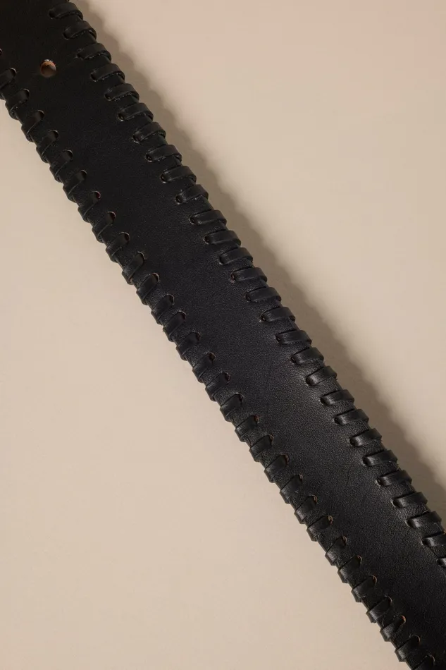 Lucky Brand Belts Women Laced Leather Belt With Metal Studded Keeper Black