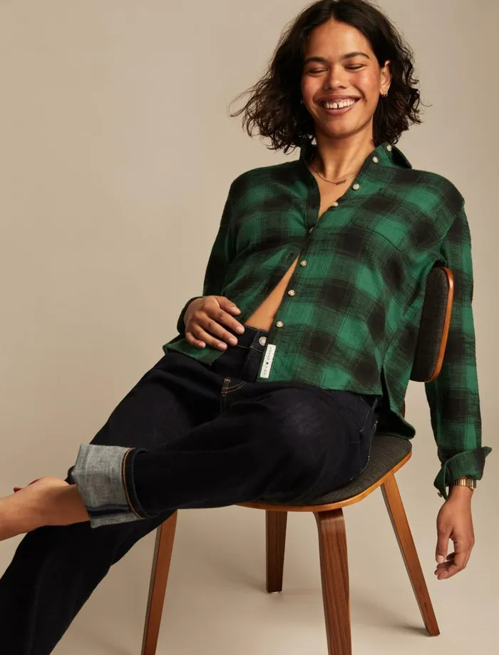 Lucky Brand Blouses Women Clyde Plaid Boyfriend Buttondown Shirt Green Plaid