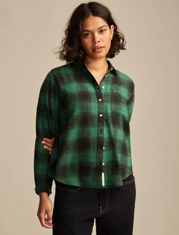 Lucky Brand Blouses Women Clyde Plaid Boyfriend Buttondown Shirt Green Plaid