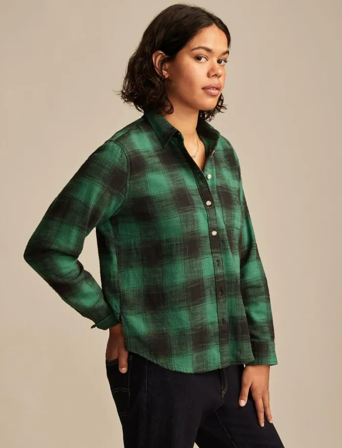 Lucky Brand Blouses Women Clyde Plaid Boyfriend Buttondown Shirt Green Plaid