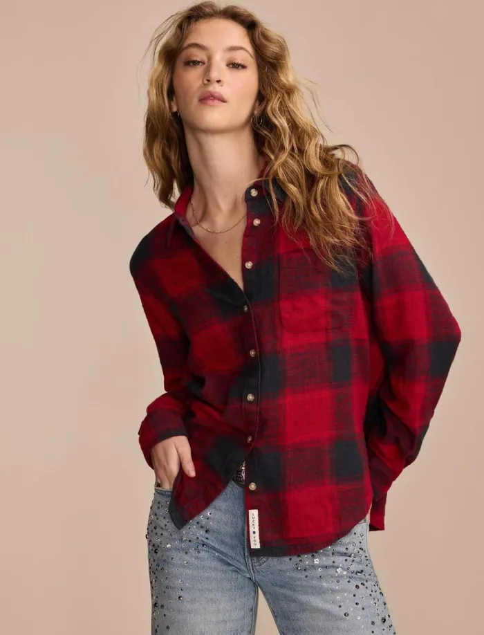 Lucky Brand Blouses Women Clyde Plaid Boyfriend Buttondown Shirt Red Black Plaid