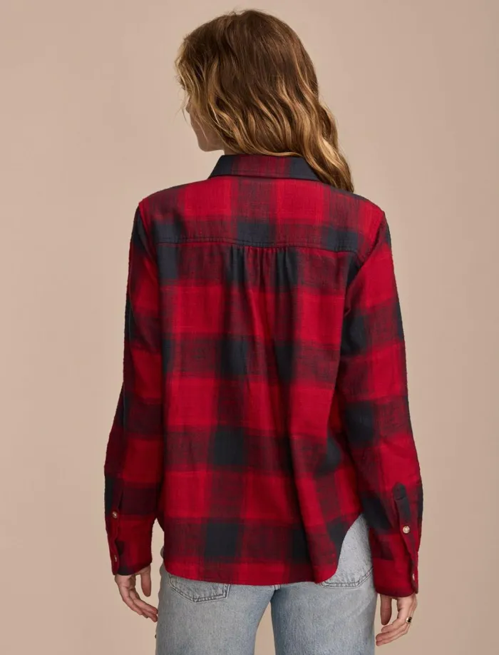 Lucky Brand Blouses Women Clyde Plaid Boyfriend Buttondown Shirt Red Black Plaid