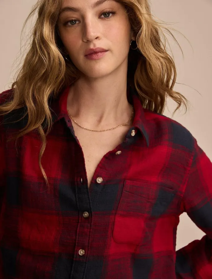 Lucky Brand Blouses Women Clyde Plaid Boyfriend Buttondown Shirt Red Black Plaid