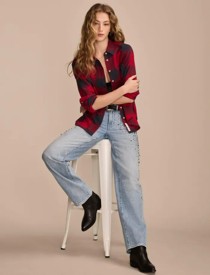 Lucky Brand Blouses Women Clyde Plaid Boyfriend Buttondown Shirt Red Black Plaid