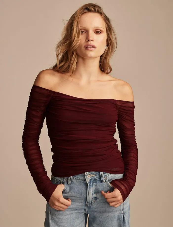 Lucky Brand Blouses Women Off The Shoulder Ruched Top Windsor Wine