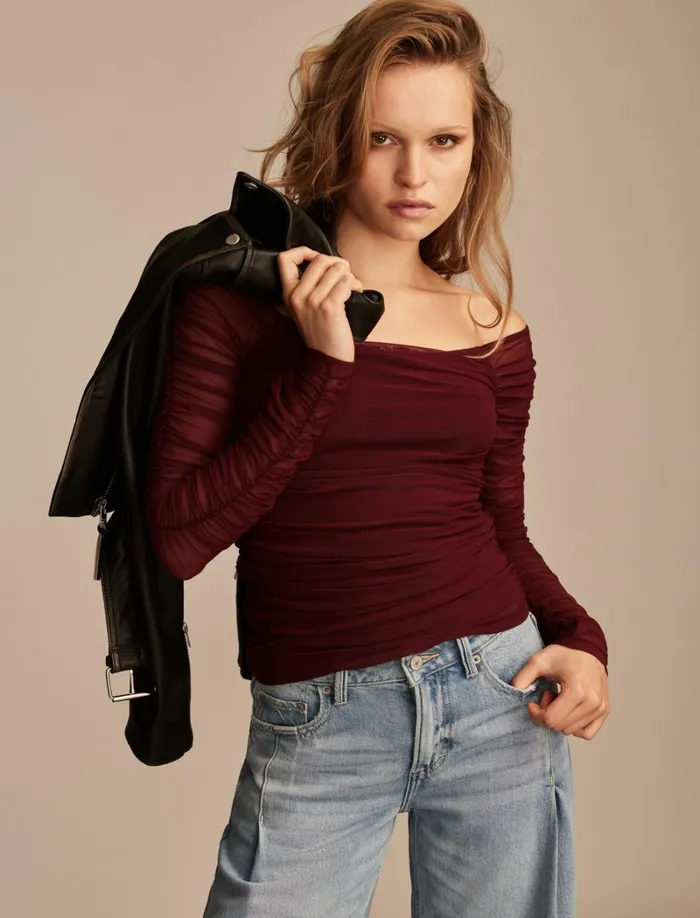 Lucky Brand Blouses Women Off The Shoulder Ruched Top Windsor Wine