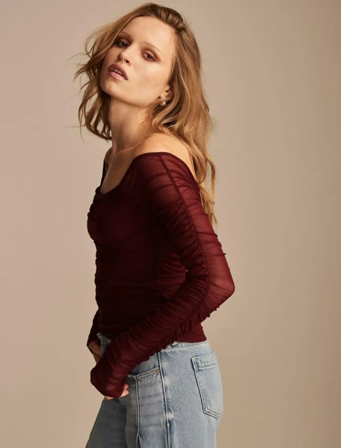 Lucky Brand Blouses Women Off The Shoulder Ruched Top Windsor Wine