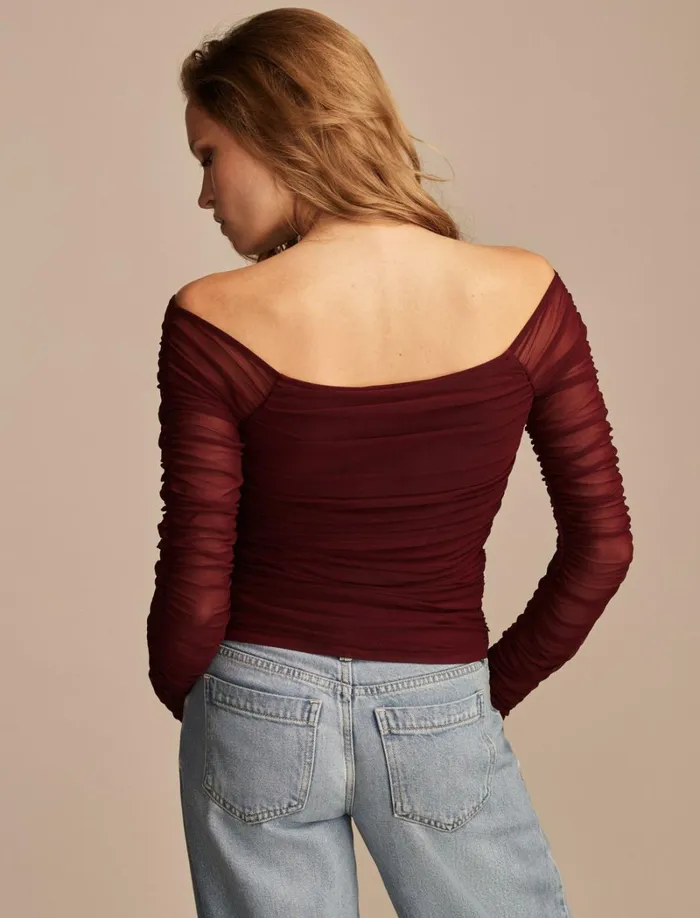 Lucky Brand Blouses Women Off The Shoulder Ruched Top Windsor Wine