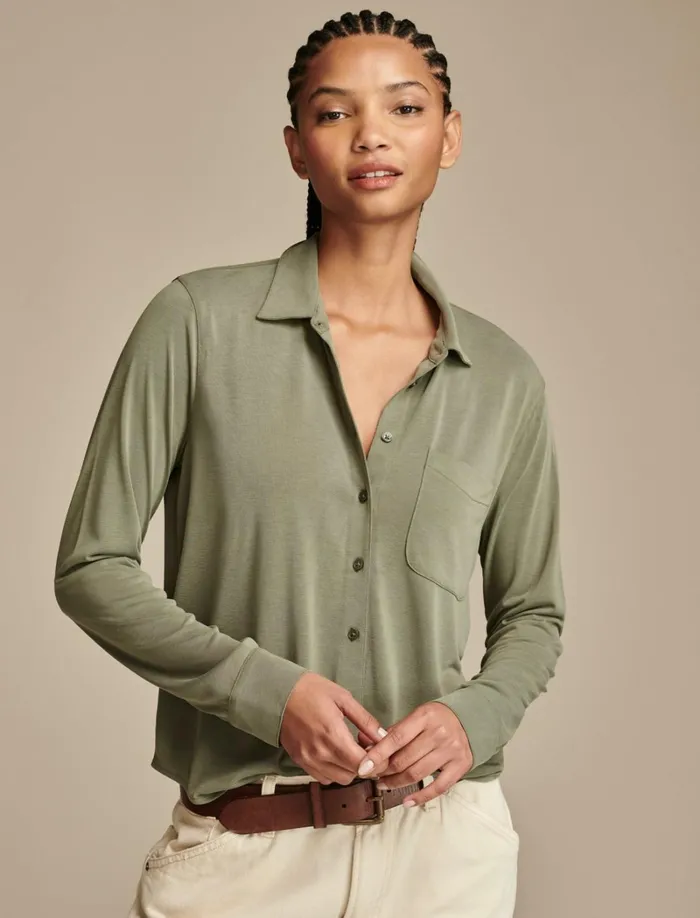 Lucky Brand Blouses Women Sandwash Long Sleeve Button Front Dusty Olive