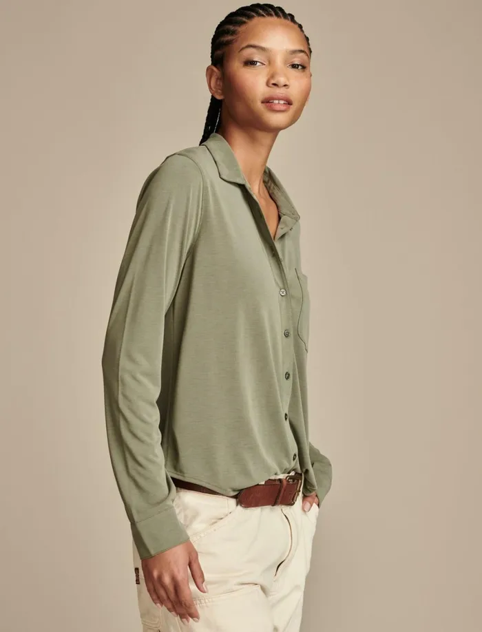 Lucky Brand Blouses Women Sandwash Long Sleeve Button Front Dusty Olive