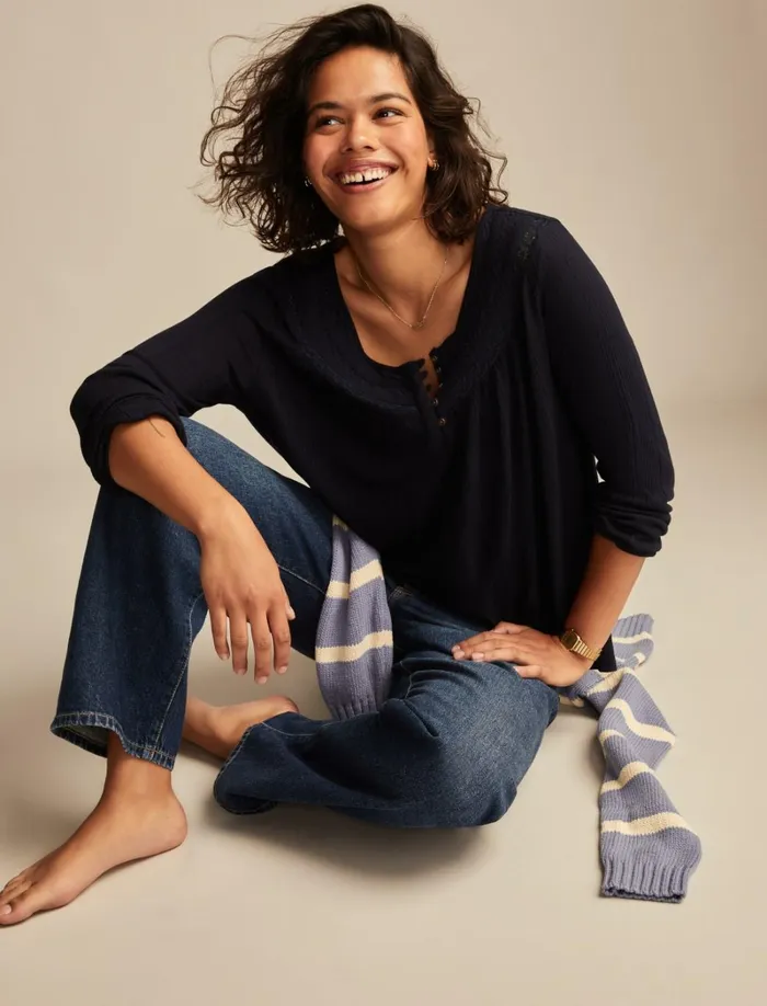 Lucky Brand Blouses Women Smocked Lace Yoke Henley Dress Blues
