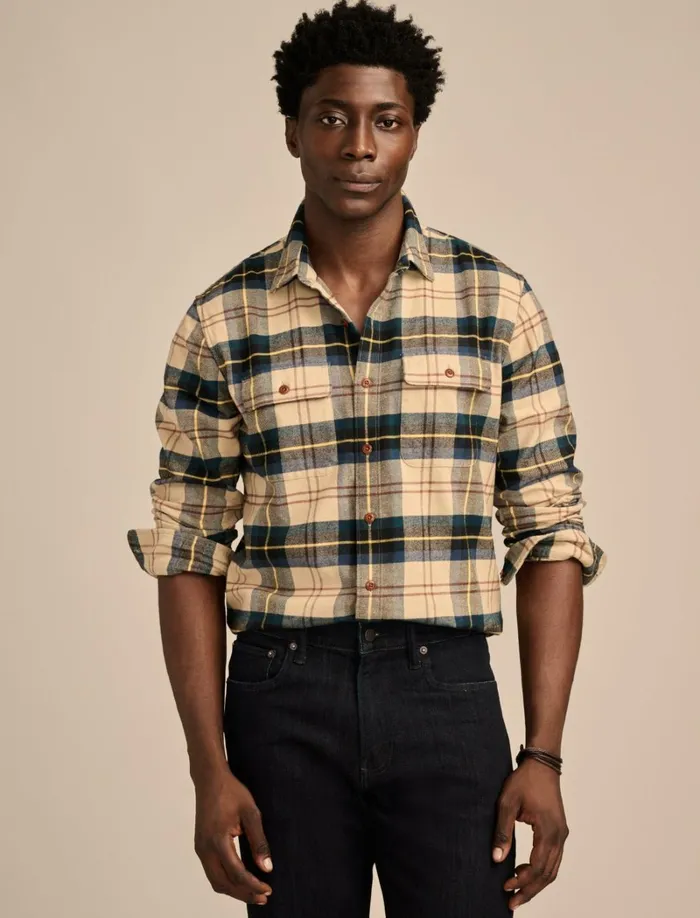 Lucky Brand ButtonDowns Men Brushed Twill Plaid Long Sleeve Utility Shirt Natural Blue Combo