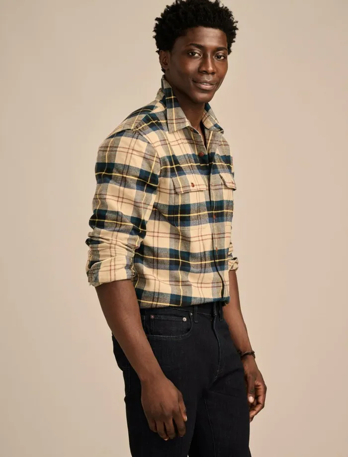 Lucky Brand ButtonDowns Men Brushed Twill Plaid Long Sleeve Utility Shirt Natural Blue Combo