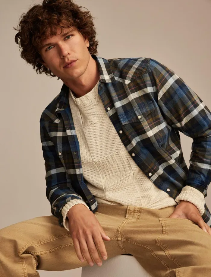 Lucky Brand ButtonDowns Men Indigo Plaid Western Long Sleeve Shirt Indigo Brown Plaid
