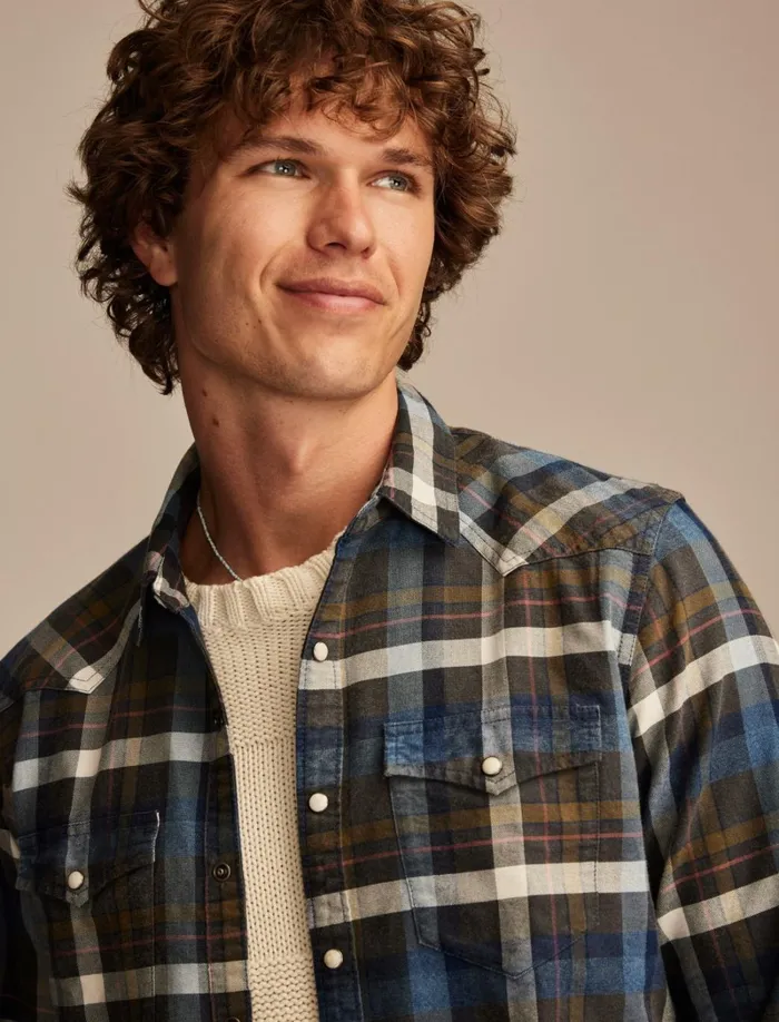 Lucky Brand ButtonDowns Men Indigo Plaid Western Long Sleeve Shirt Indigo Brown Plaid