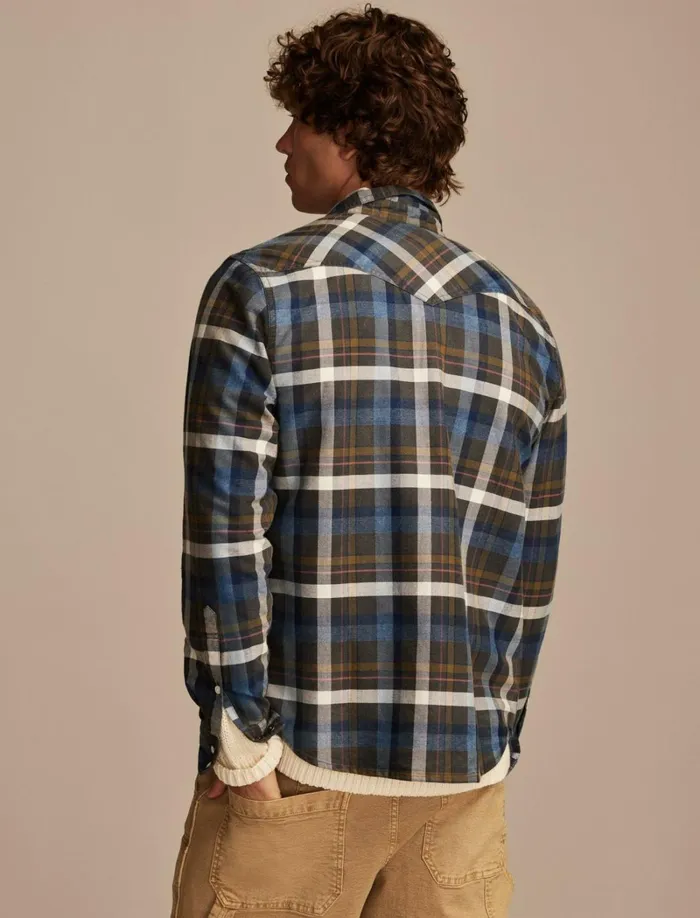 Lucky Brand ButtonDowns Men Indigo Plaid Western Long Sleeve Shirt Indigo Brown Plaid