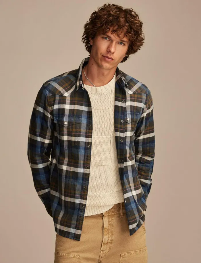 Lucky Brand ButtonDowns Men Indigo Plaid Western Long Sleeve Shirt Indigo Brown Plaid