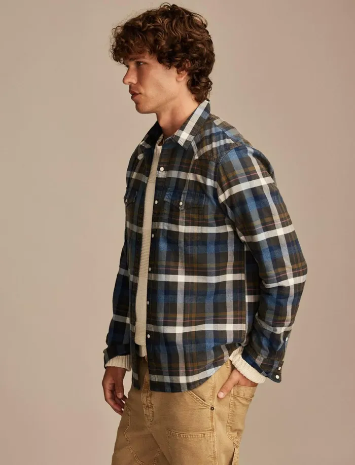 Lucky Brand ButtonDowns Men Indigo Plaid Western Long Sleeve Shirt Indigo Brown Plaid