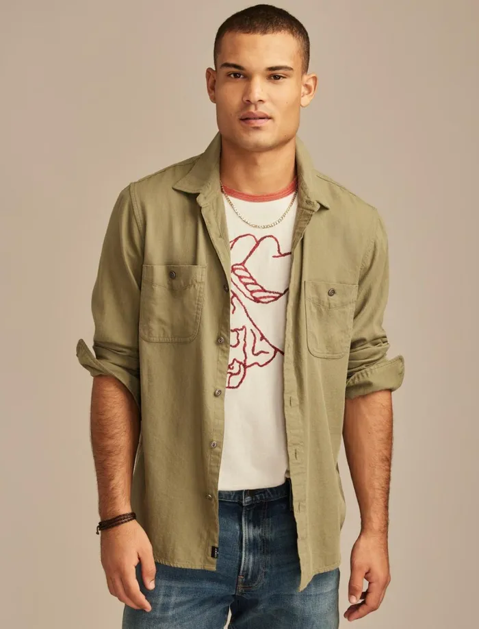 Lucky Brand ButtonDowns Men Solid Cotton Twill Grom Shirt Vetiver