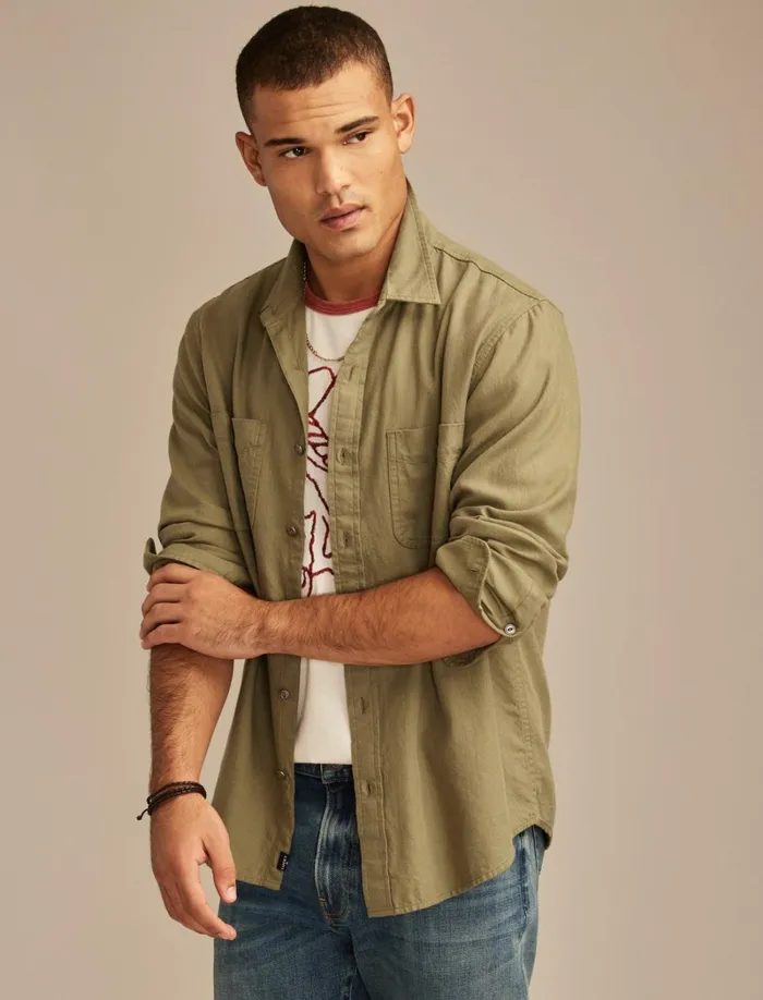 Lucky Brand ButtonDowns Men Solid Cotton Twill Grom Shirt Vetiver