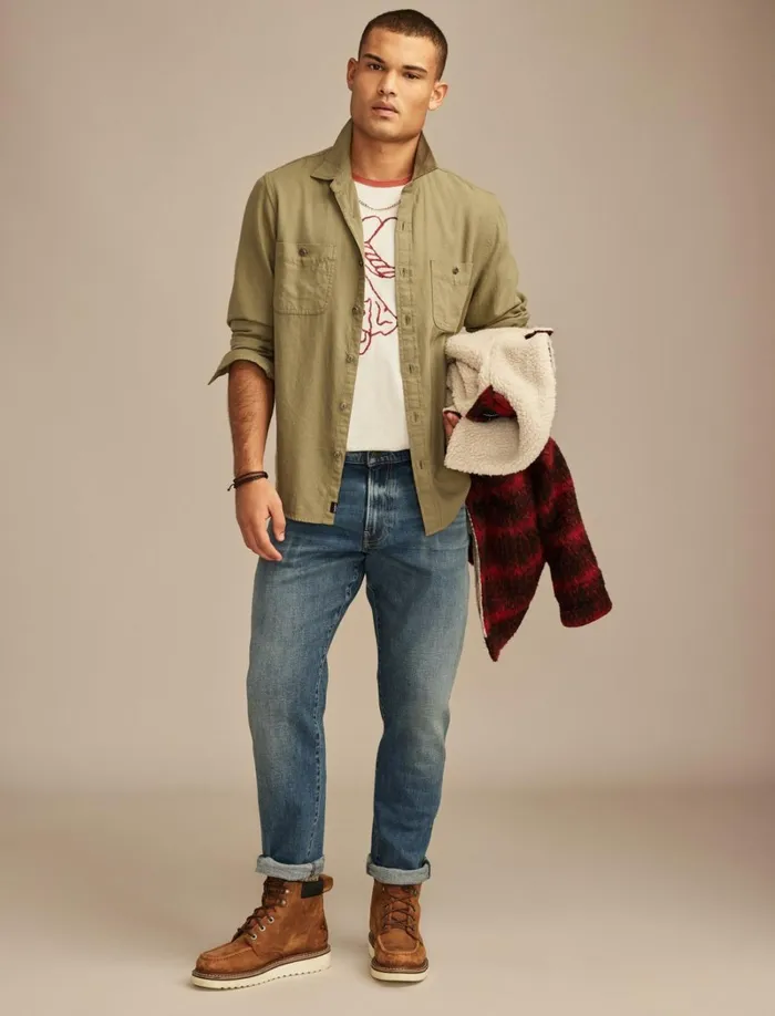 Lucky Brand ButtonDowns Men Solid Cotton Twill Grom Shirt Vetiver