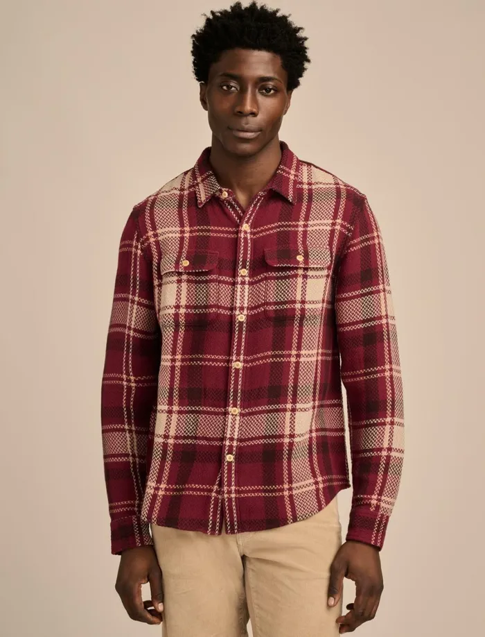 Lucky Brand ButtonDowns Men Textured Herringbone Long Sleeve Utility Shirt Red Multi