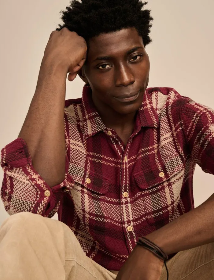 Lucky Brand ButtonDowns Men Textured Herringbone Long Sleeve Utility Shirt Red Multi