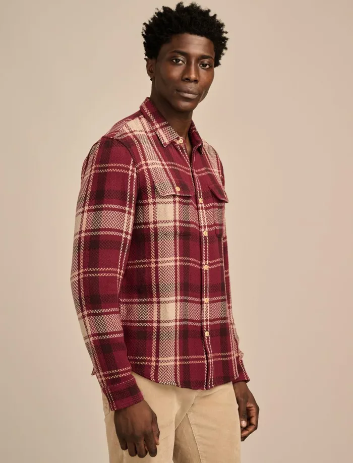 Lucky Brand ButtonDowns Men Textured Herringbone Long Sleeve Utility Shirt Red Multi