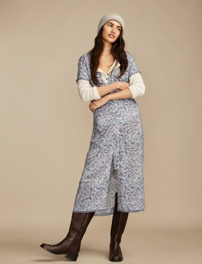 Lucky Brand Dresses Women Lace Trimmed Button Front Midi Dress Blue Multi