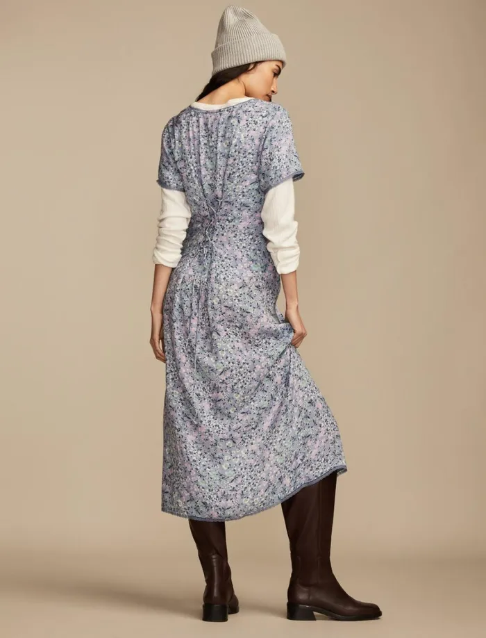 Lucky Brand Dresses Women Lace Trimmed Button Front Midi Dress Blue Multi
