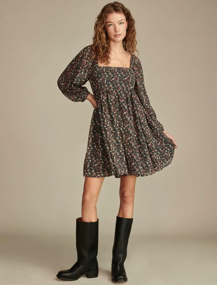 Lucky Brand Dresses Women Square Neck Long Sleeve Mini Dress Red Floral