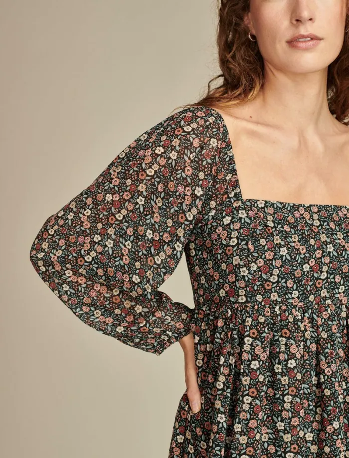 Lucky Brand Dresses Women Square Neck Long Sleeve Mini Dress Red Floral