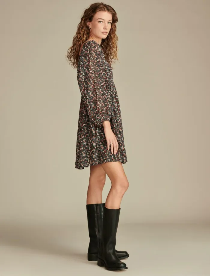 Lucky Brand Dresses Women Square Neck Long Sleeve Mini Dress Red Floral
