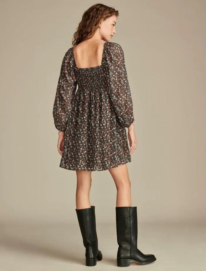 Lucky Brand Dresses Women Square Neck Long Sleeve Mini Dress Red Floral