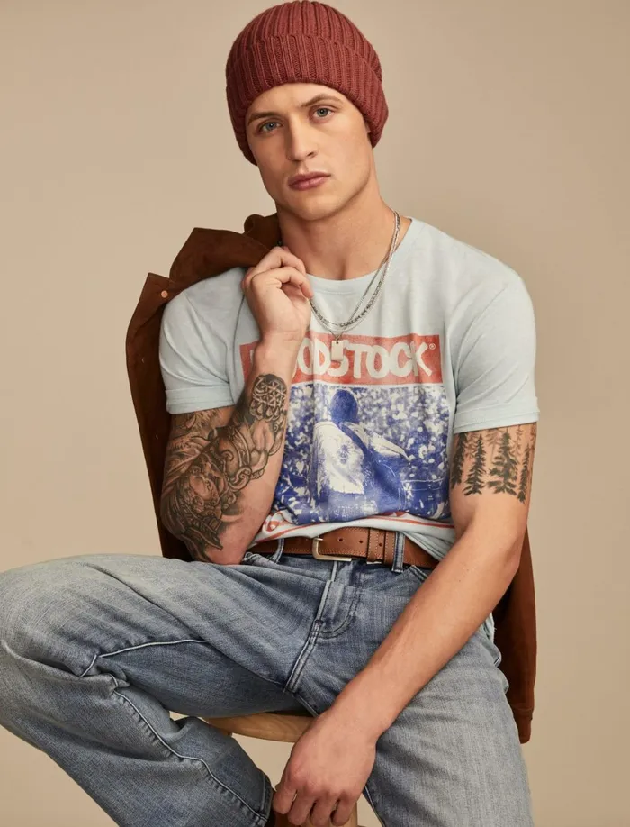 Lucky Brand Graphic Tees Men Woodstock Poster Cloud Blue