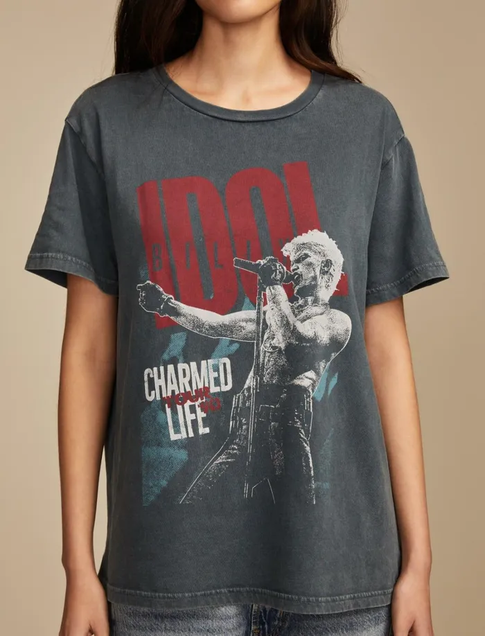 Lucky Brand Graphic Tees Women Billy Idol Charmed Life Boyfriend Tee Midnight Navy