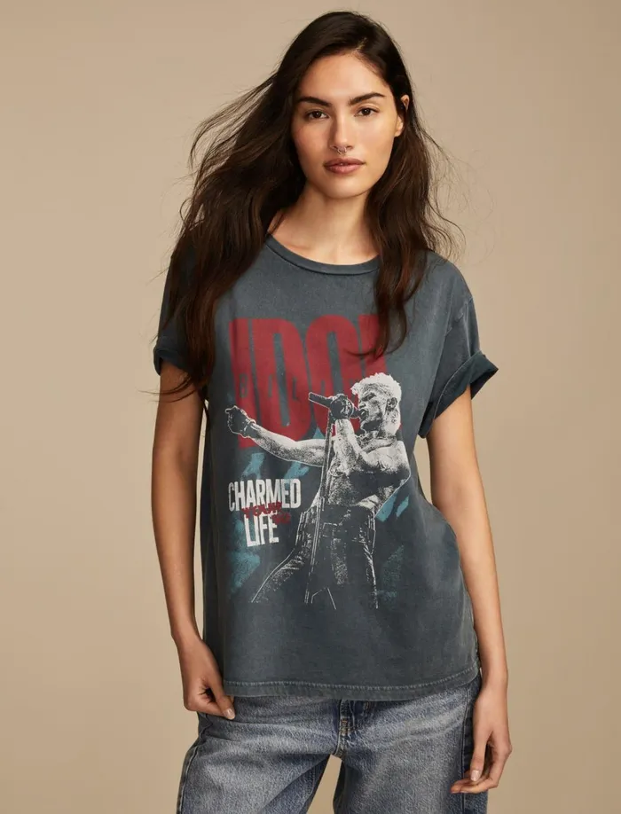 Lucky Brand Graphic Tees Women Billy Idol Charmed Life Boyfriend Tee Midnight Navy