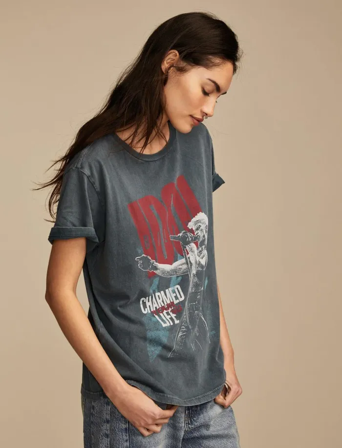 Lucky Brand Graphic Tees Women Billy Idol Charmed Life Boyfriend Tee Midnight Navy