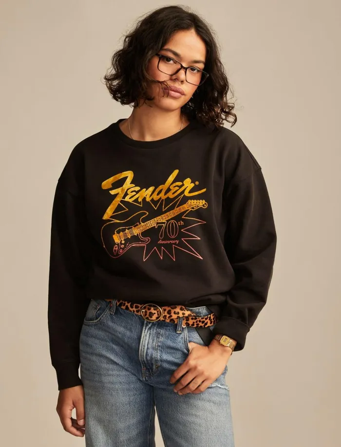 Lucky Brand Graphic Tees Women Fender 70th Anniversary Crew Fleece Jet Black