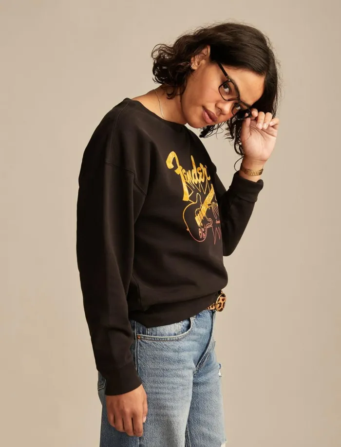 Lucky Brand Graphic Tees Women Fender 70th Anniversary Crew Fleece Jet Black
